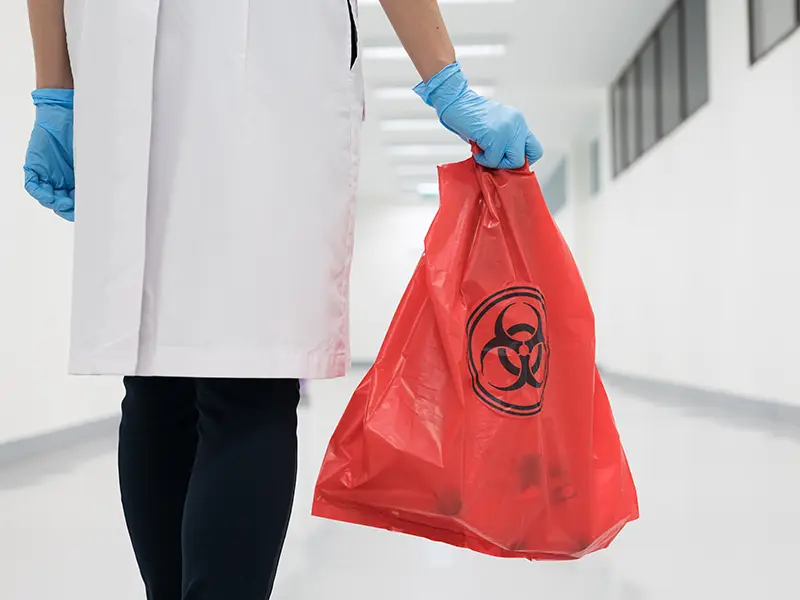 Person wearing gloves and a lab coat holding a red biohazard waste bag in a hallway.