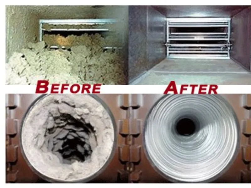 Before and after images of a dirty, clogged air duct and vent cleaned to clear and shiny condition.