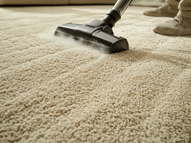 Vacuum cleaner head cleaning a beige carpet with visible dust being lifted.